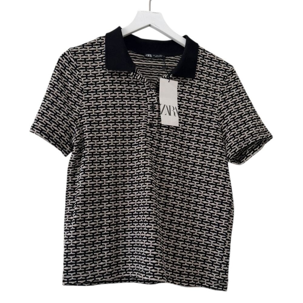 Zara Knit Polo Shirt Black Cream Patterned Short Sleeve Collared Top Size S